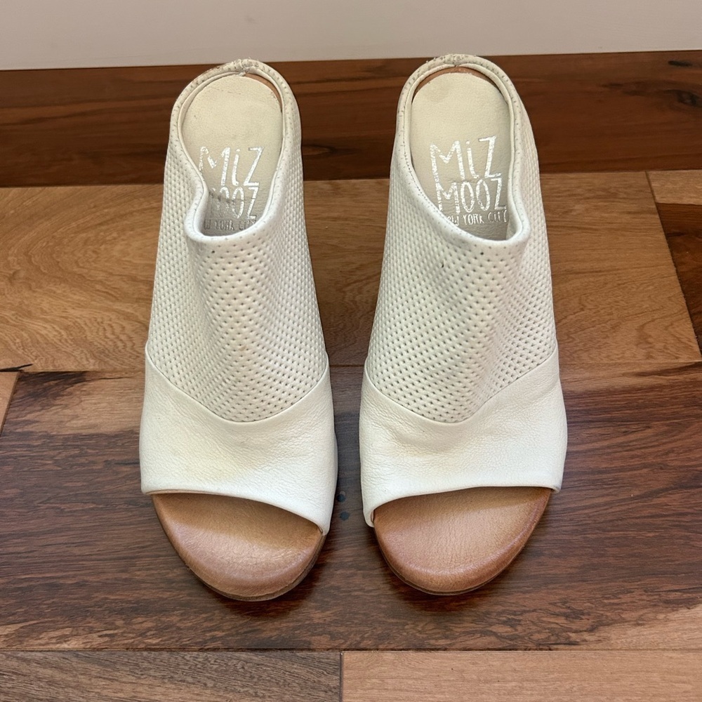 Miz Mooz Off White Leather Wedge Mules Size 37
